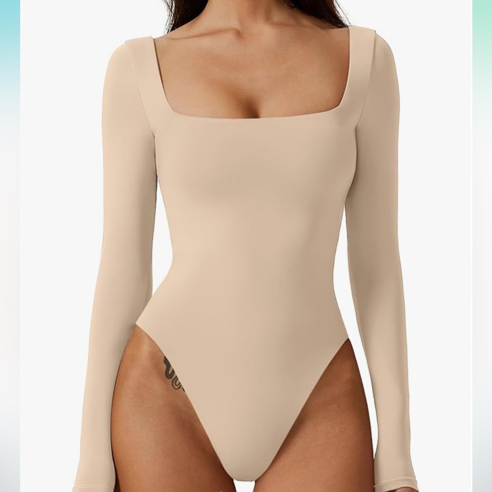 QINSEN Bodysuit Tops for Women Square Neck Long Sleeve Double Lined T-shirt